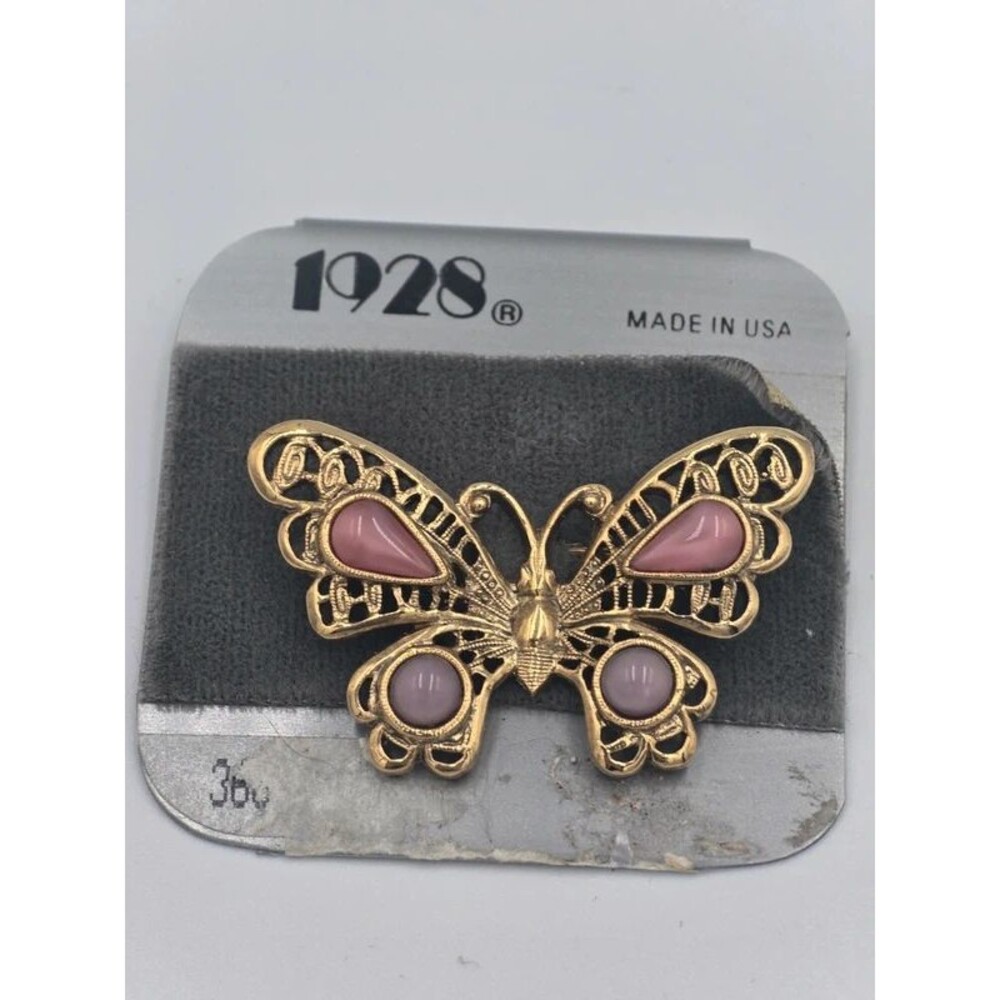 Vintage 1928 Jewelry Pink Butterfly Brooch Gold Tone Pin New On Card